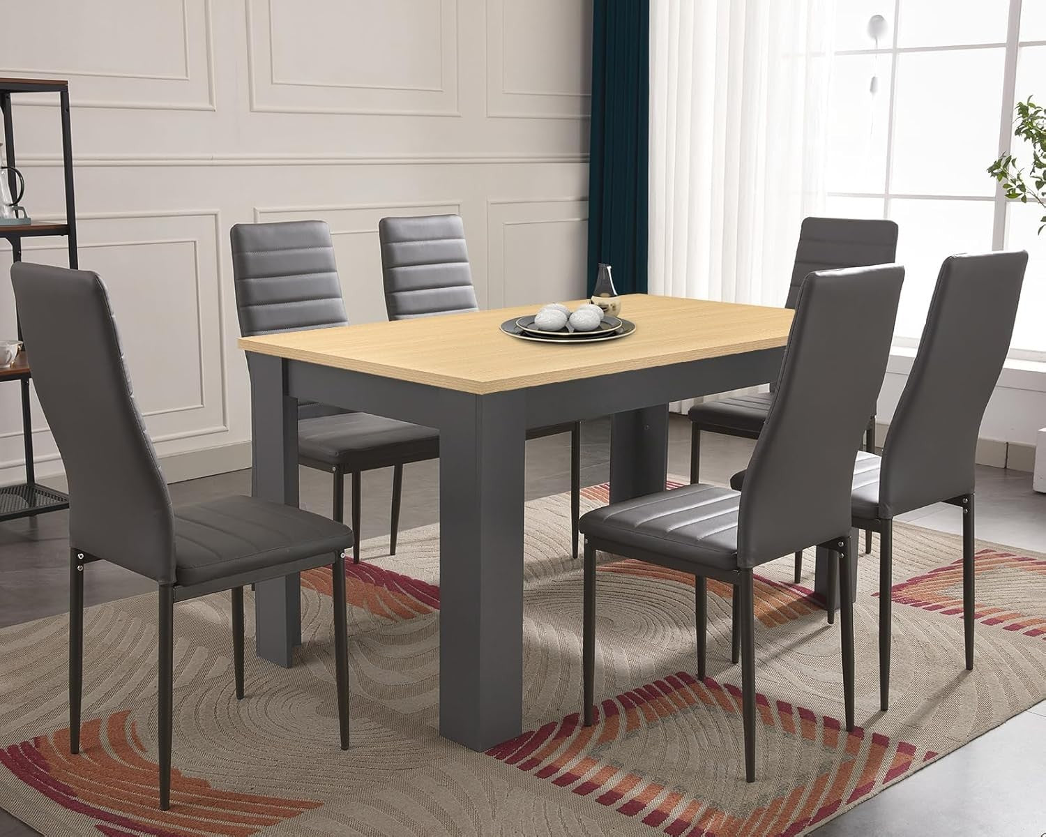 Modern Dining Table Set 6 Grey PU Leather Chairs 140x80cm Solid Wood Table