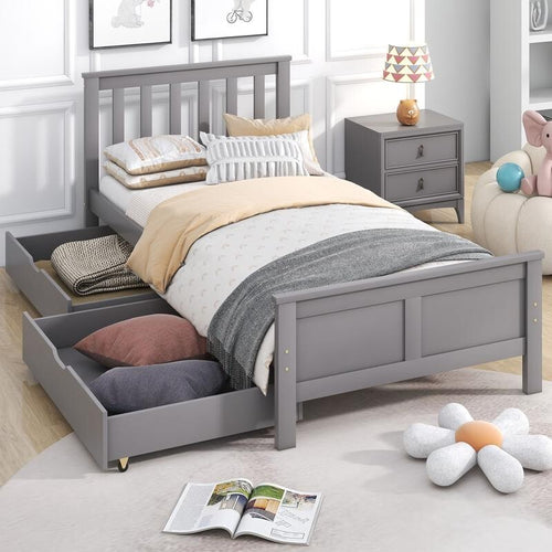 3FT Single Grey Wooden Bed Frame with Storage Drawers Kids Adults Solid Pine