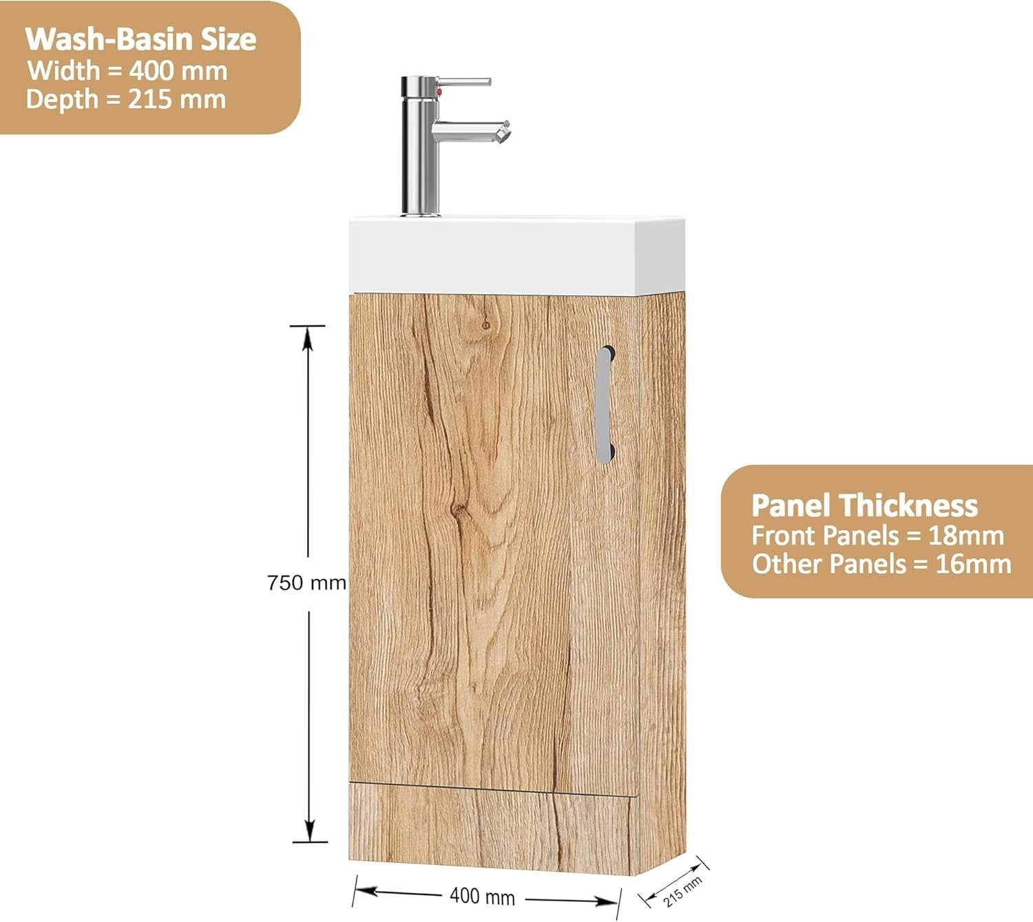 Wood Grain Vanity Unit with Basin Trap & Waste – 40cm Under Sink Storage Cabinet