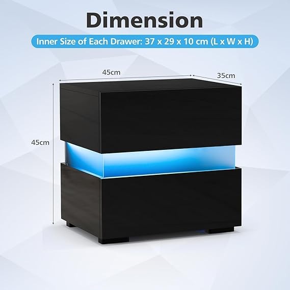 Modern LED Bedside Tables Set of 2 with Drawers & RGB Lights, High Gloss Black