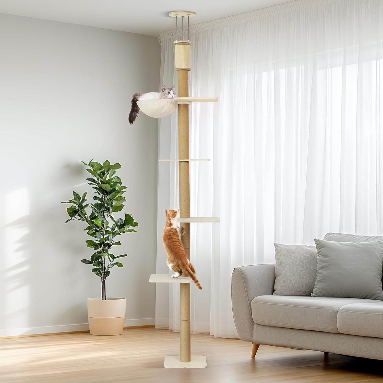 Natural Wood Floor to Ceiling Cat Tree Adjustable Height Scratching Tower