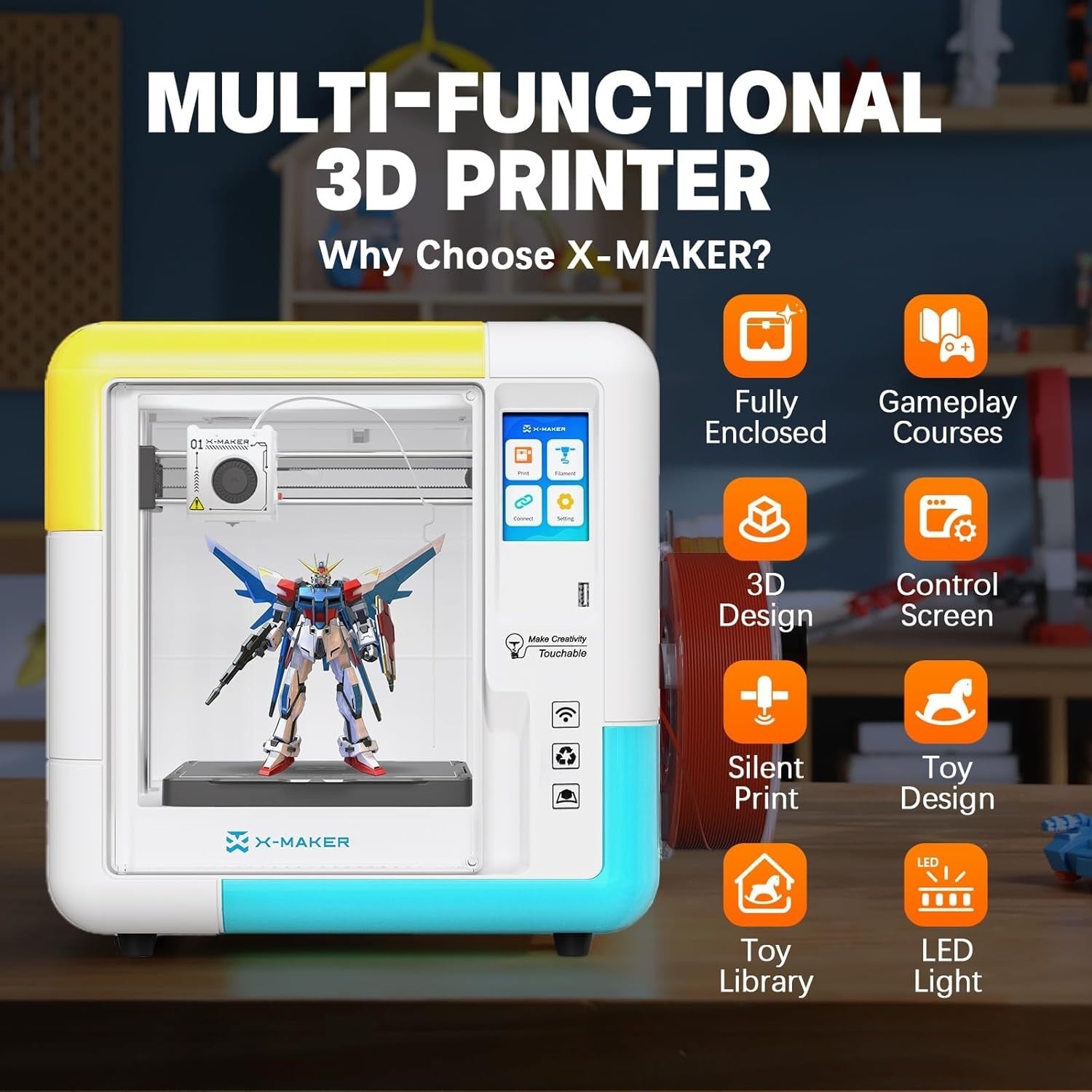 Kids AI 3D Printer WiFi Silent Enclosed Toy Library 8 PLA Kit