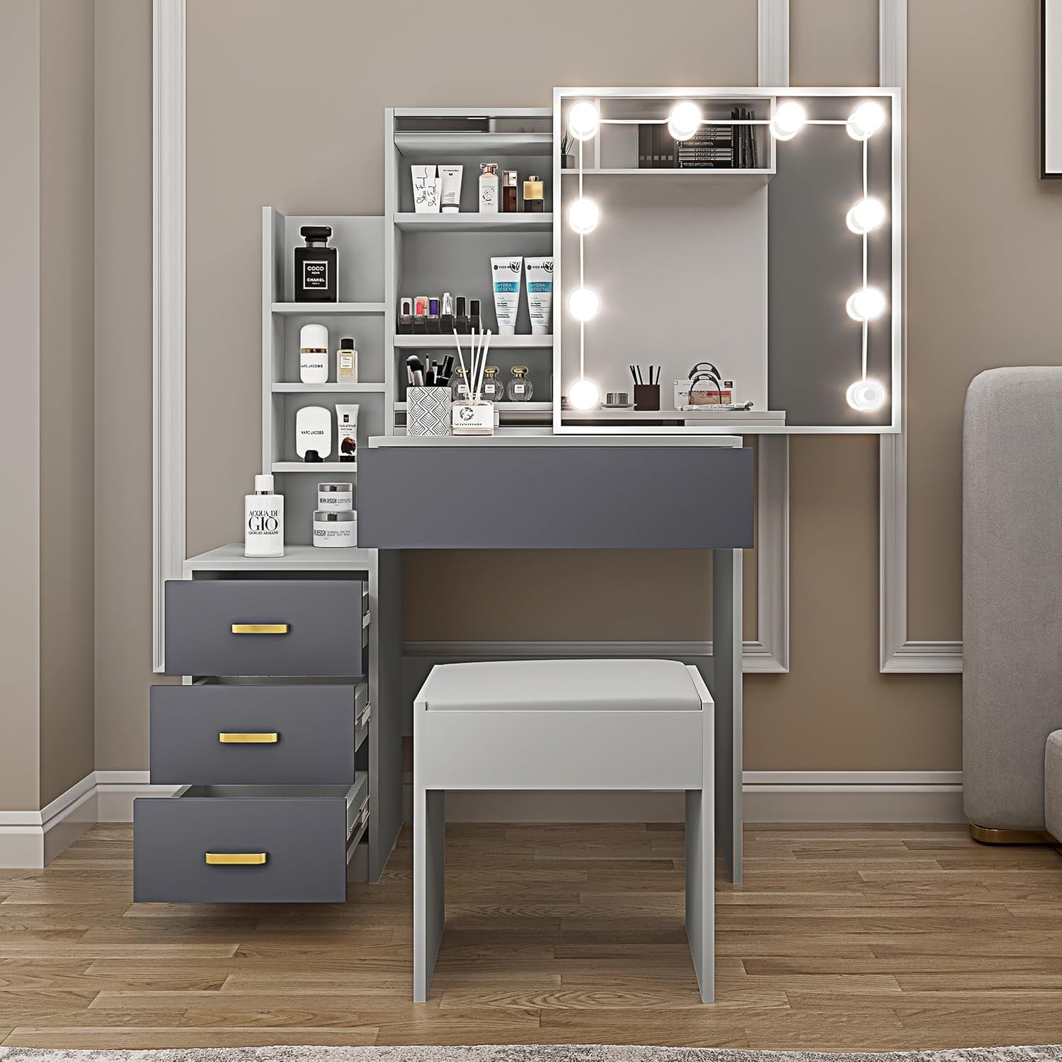 Large White Vanity Desk w/Lighted Mirror 7 Drawers Open Storage Modern Dresser
