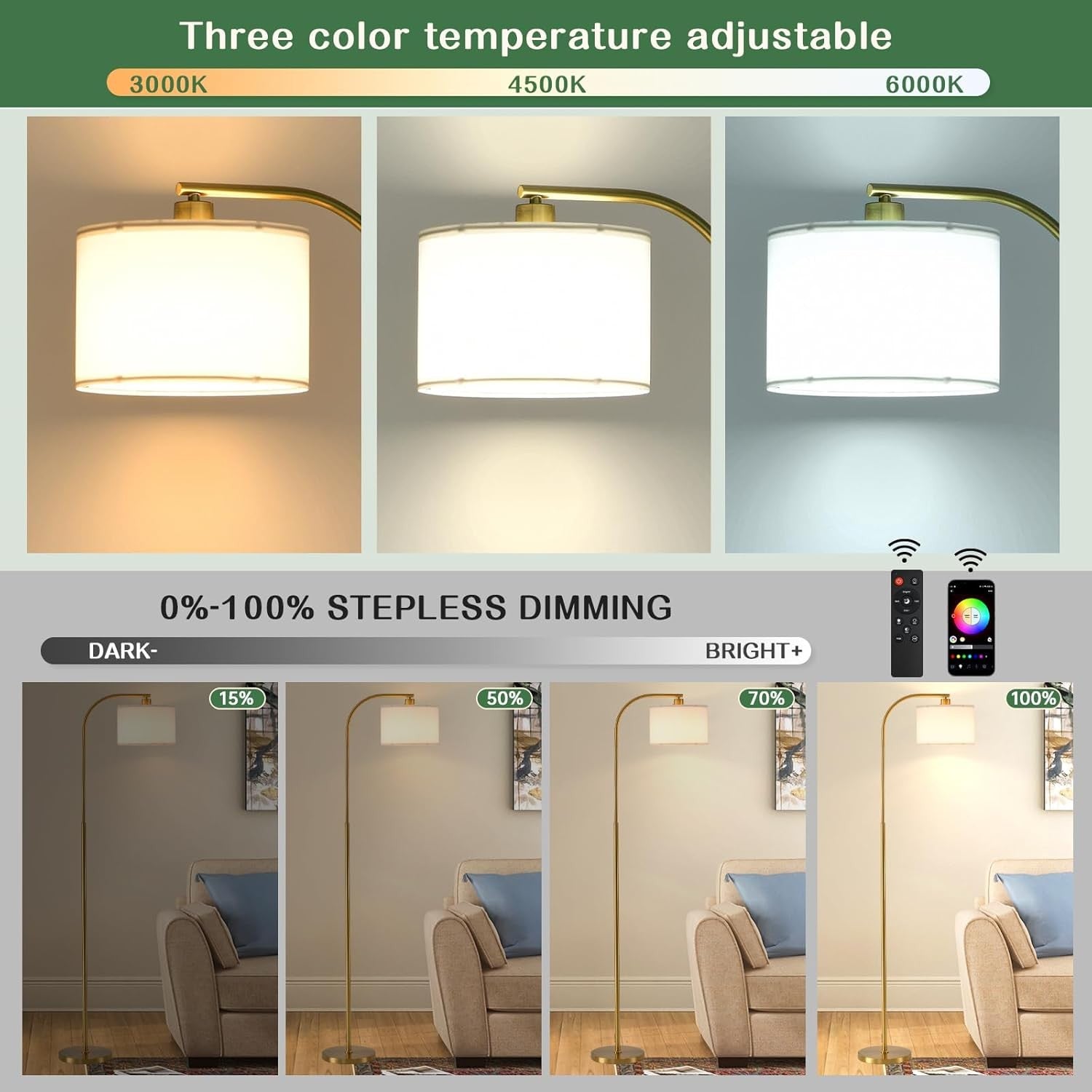Gold Floor Lamp LED Dimmable Remote App Control RGB Smart Standing Light