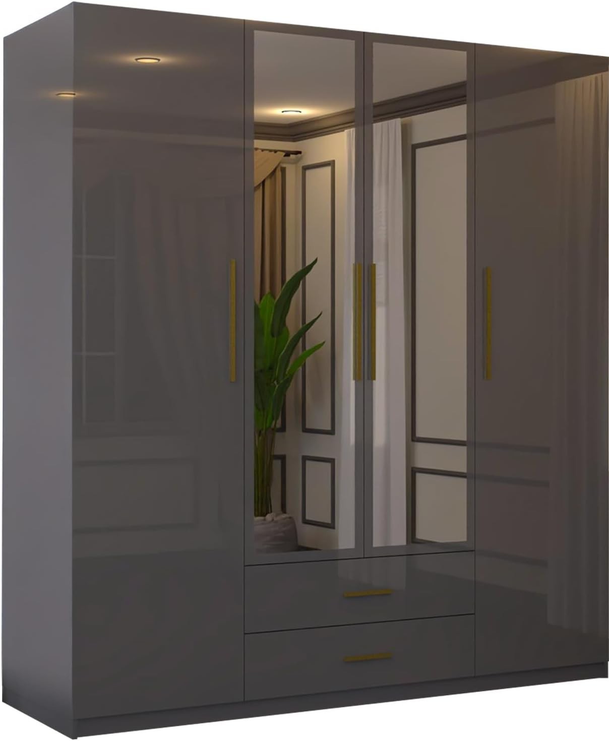 160cm Grey High Gloss Wardrobe with Mirror, Drawers & Hanging Rail Storage