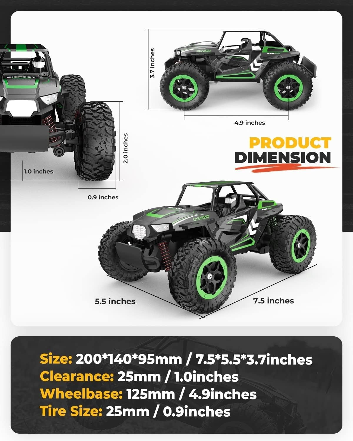 1:20 RC Monster Truck 15KMH Fast 2WD Off Road Car Rechargeable Remote Control