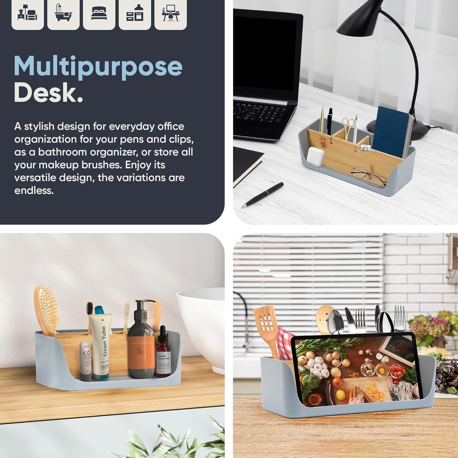 Eco Desk Organizer Bamboo Multi-Use Pen, Letter & Tablet Holder