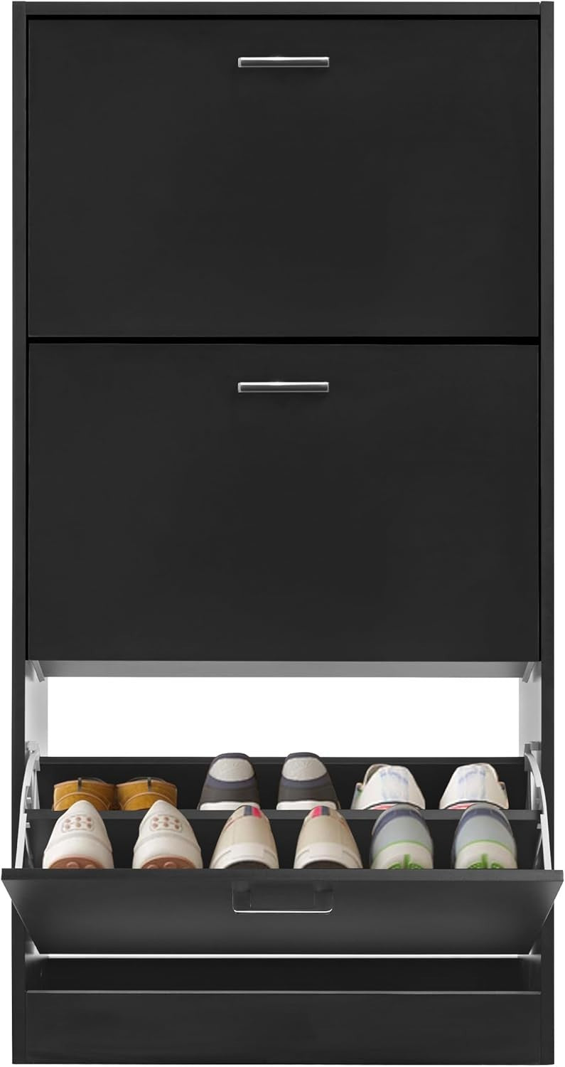 Slim 3 Drawer Shoe Cabinet Black Pull Down Shoe Rack Space Saver Storage