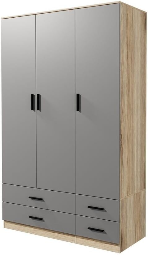 Oak & Grey 3 Door Wardrobe with 4 Drawers, Modern Bedroom Storage Unit