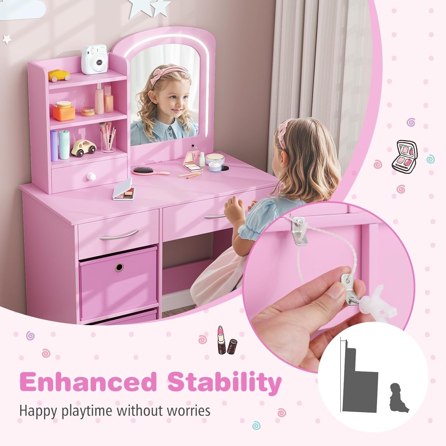 Kids Vanity Table Set with Mirror & Lights 3 Drawers Desk Storage Pink Children'