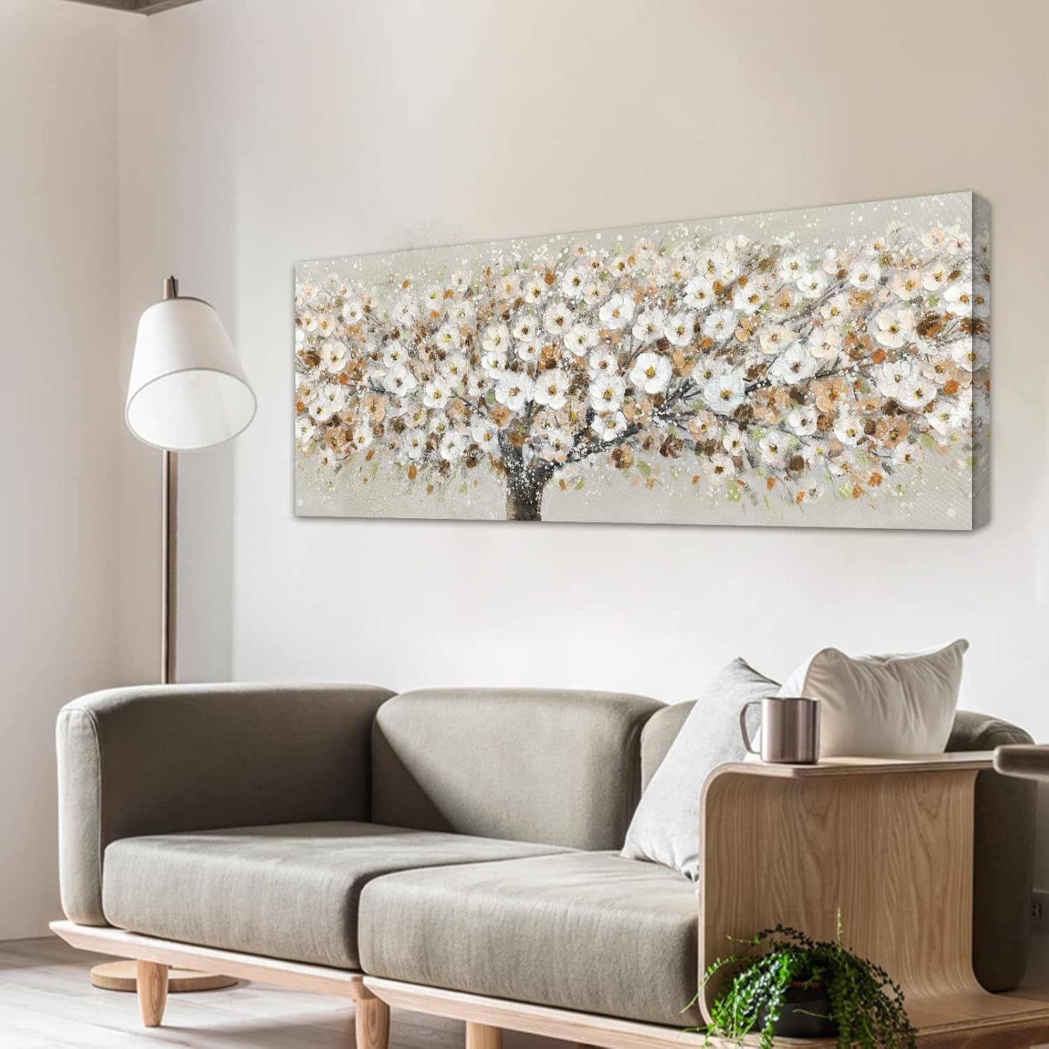 Large White Floral Blossom Canvas Wall Art 120x50cm Modern Living Room Decor