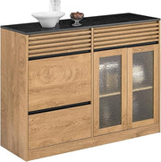 Modern Oak Sideboard Cabinet with 3 Drawers & Glass Doors 112x40x89cm