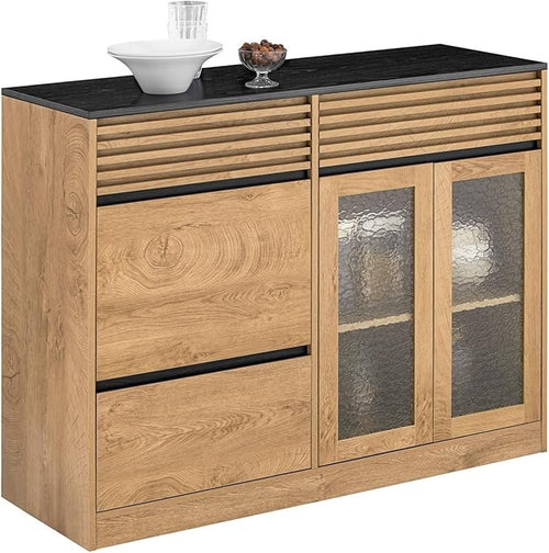 Modern Oak Sideboard Cabinet with 3 Drawers & Glass Doors 112x40x89cm