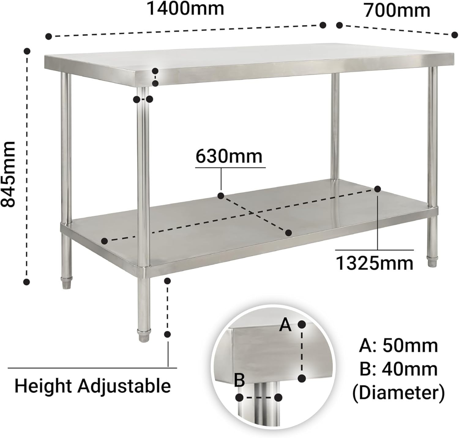 Stainless Steel Workbench 200kg with Adjustable Shelf Commercial 1400mm