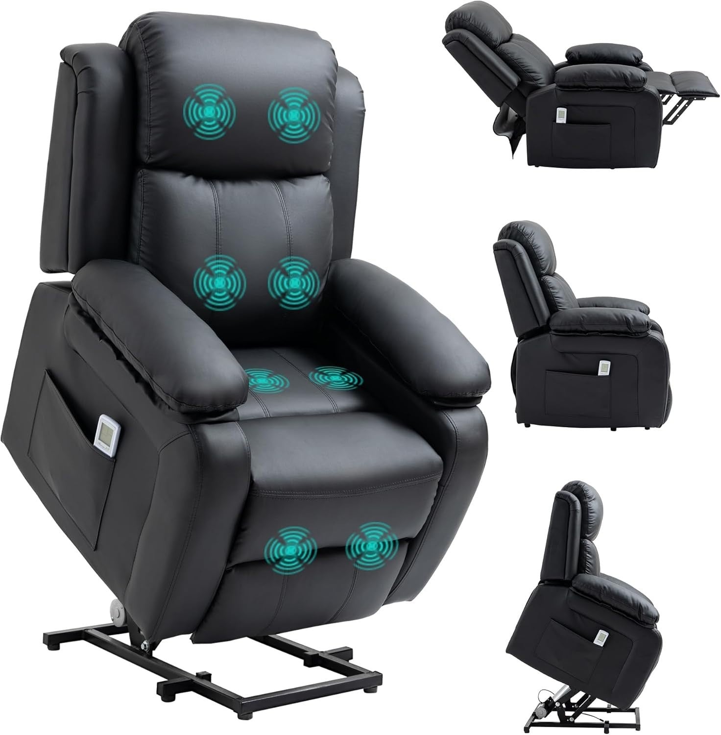 Power Lift Recliner Chair Massage Heat 160° Recline Footrest Side Pockets Black