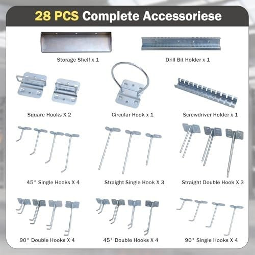 Wall-Mounted Pegboard 120x60cm 31-Piece Metal Tool Rack Organizer Kit