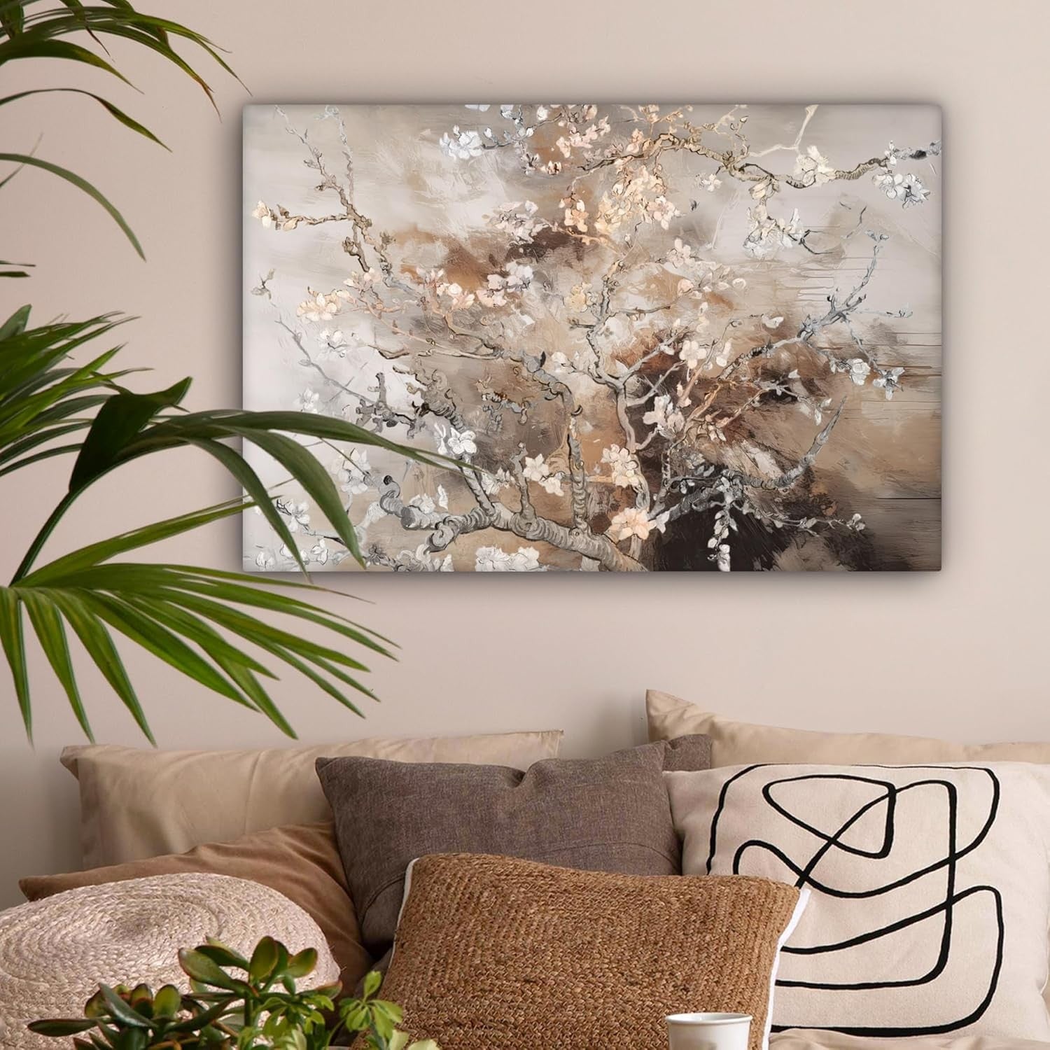 Almond Blossom Canvas Wall Art 60x40cm Framed Beige