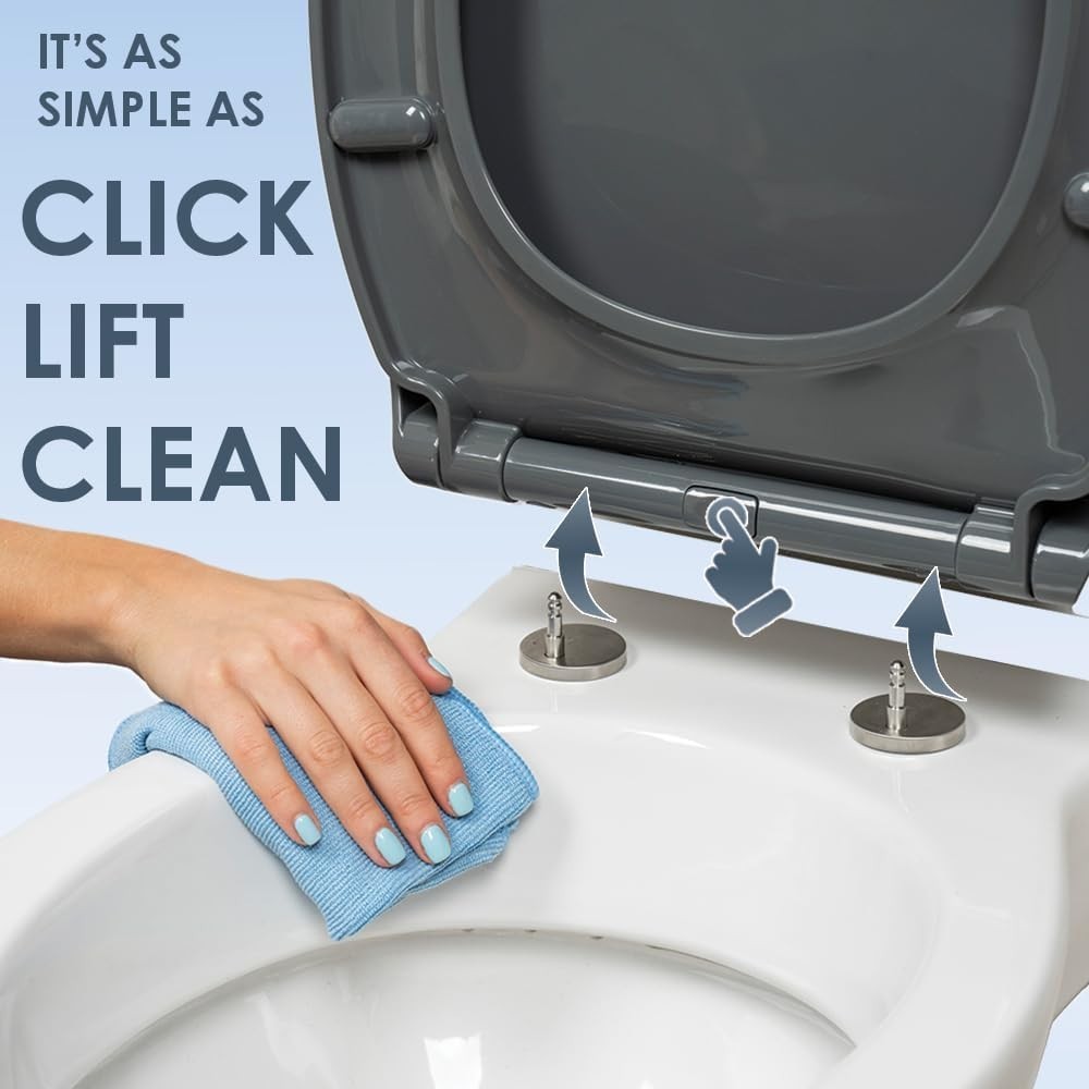 Grey Oval Toilet Seat Thermoplastic Quick Release Top & Bottom Fix 44.5x37cm