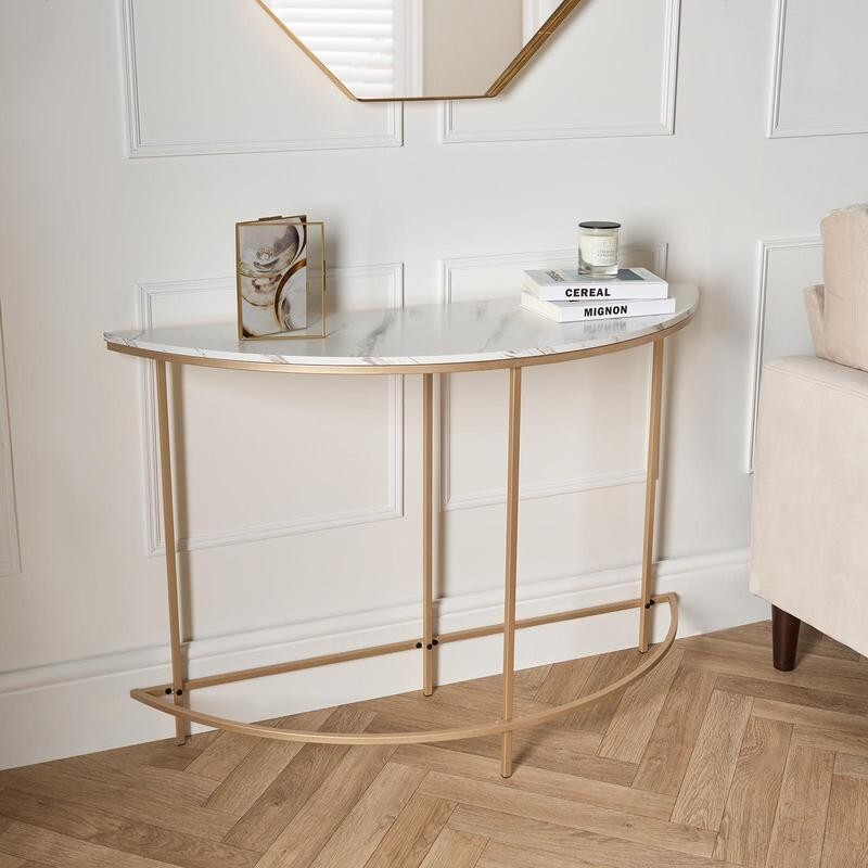Semi Circle Marble Console Table, Gold Frame, 110x35x76cm Hallway