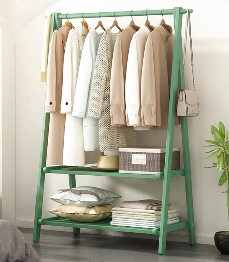Foldable Wooden Clothes Rail with Shelves, Pine Garment Rack Grey Bean Green