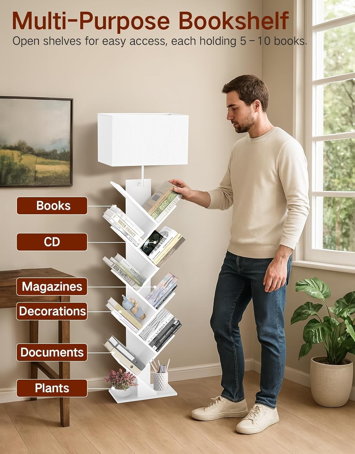 9 Tier Tree Bookshelf with LED Lamp Remote White Tall Narrow Shelf