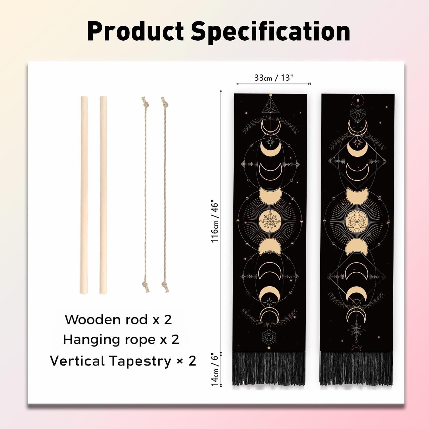 2-Pack Moon Phases Tapestry 52"x13" Boho Vertical Wall Decor