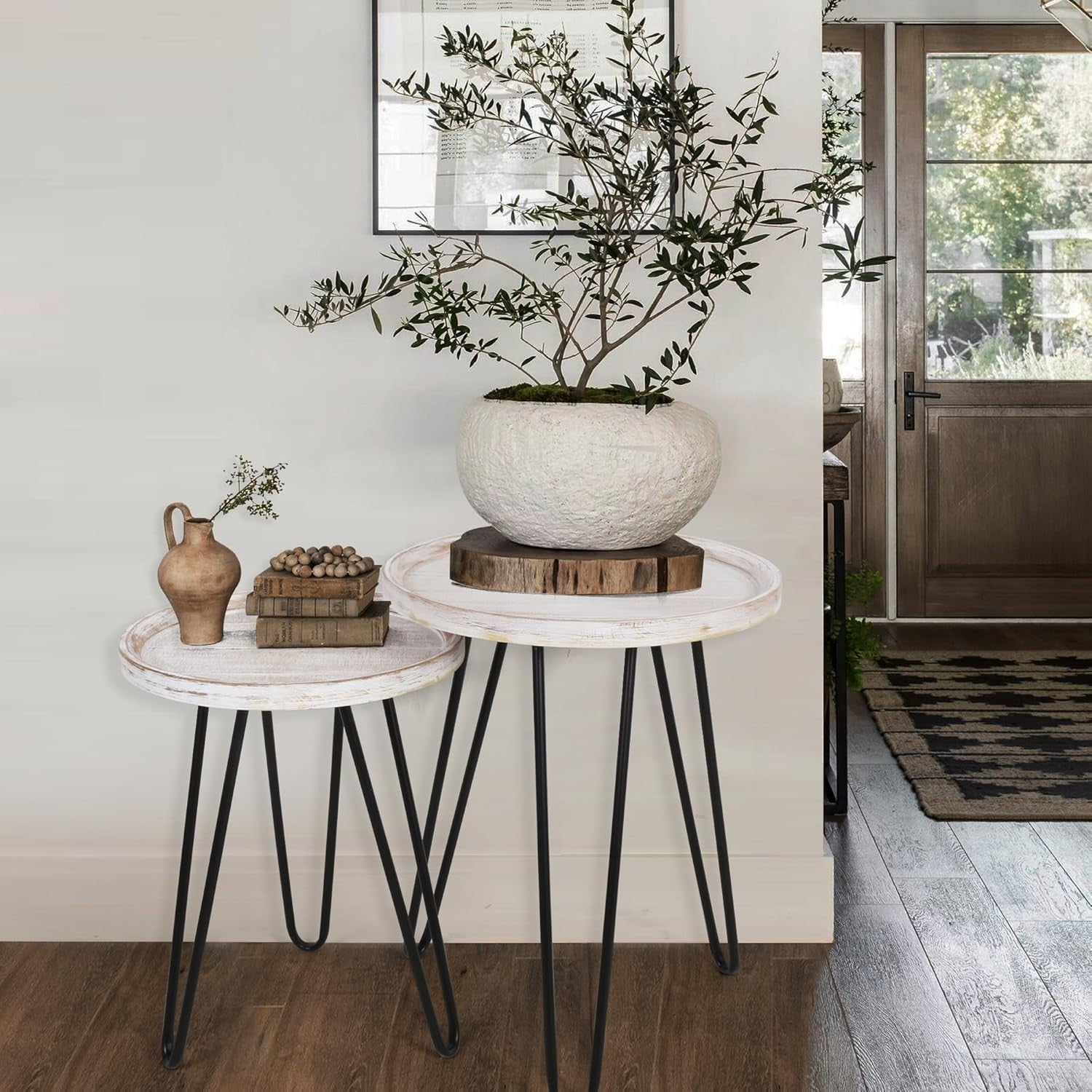 Distressed White Round Nesting Coffee Table Set Wood Metal Storage Living Room