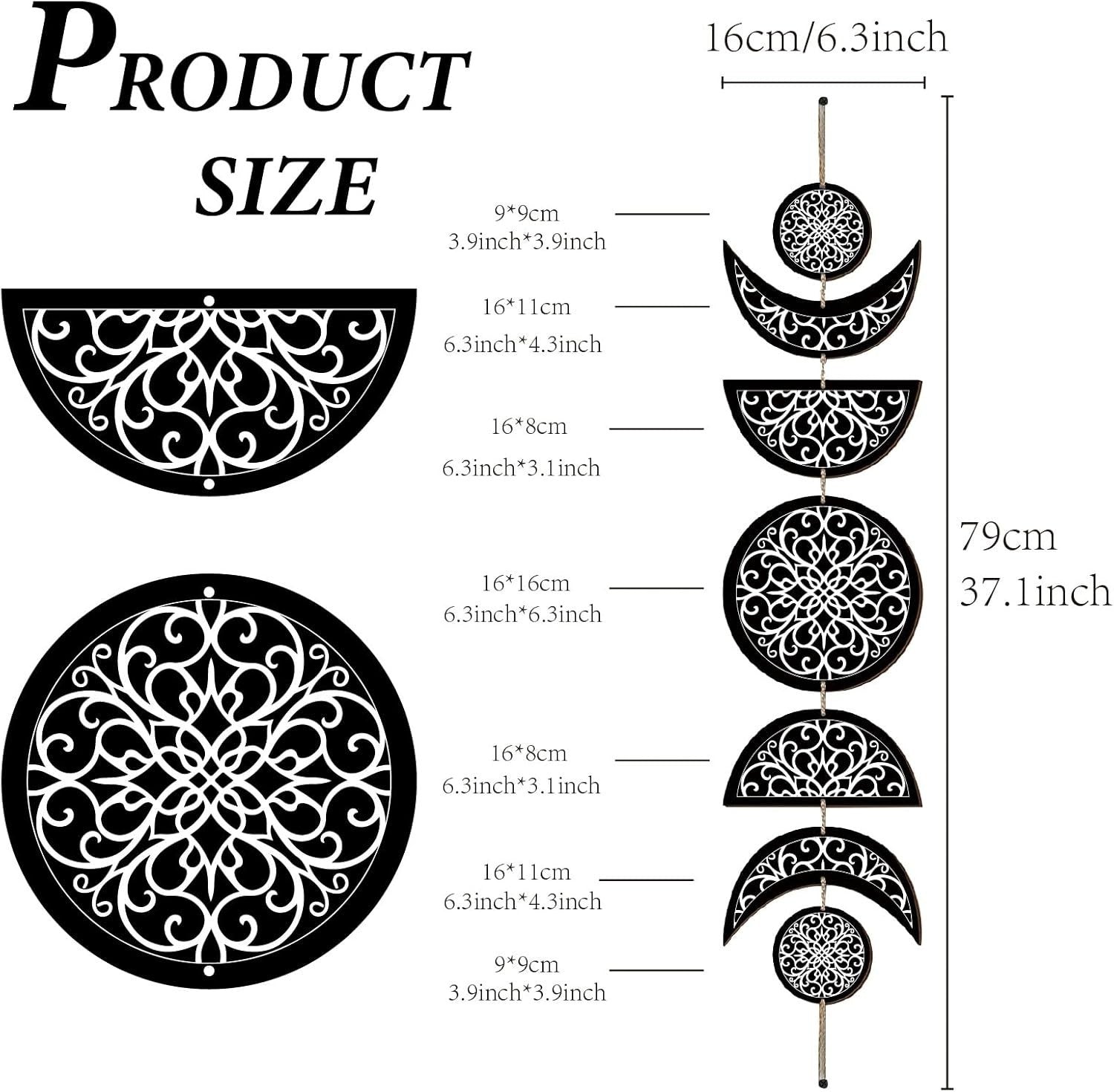 Moon Phase Wall Decor Wooden Boho 7-Piece Hanging Art 31x6.2