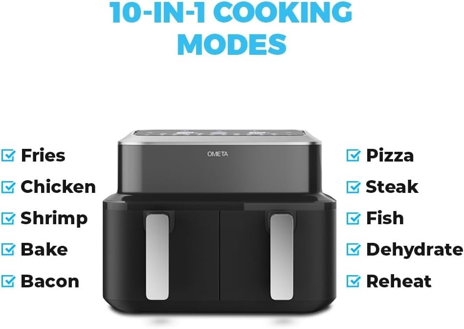 Dual Air Fryer 9L 3 Basket Set Dishwasher Safe Match Sync Cook 10 Presets