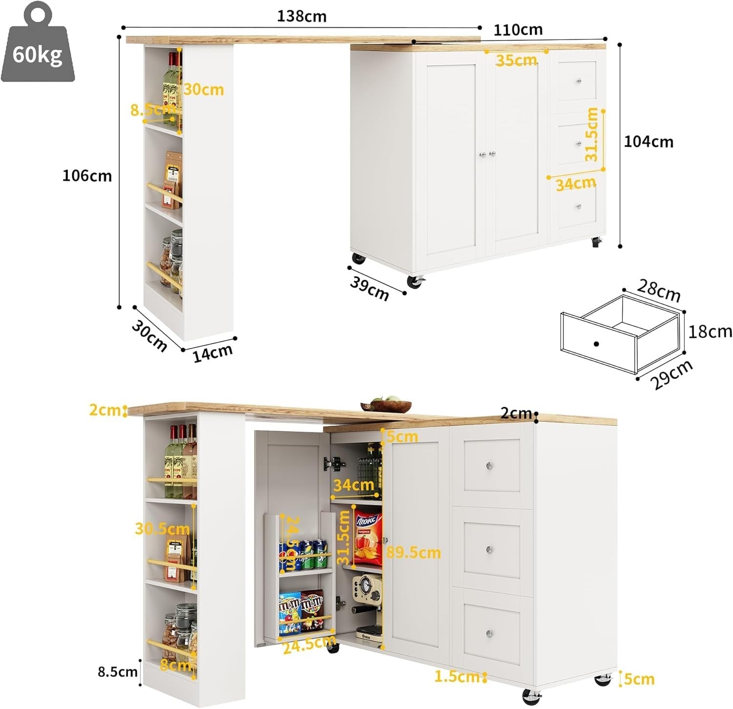 360° Swiveling Extendable Kitchen Island Table with Drawers & Snack Rack