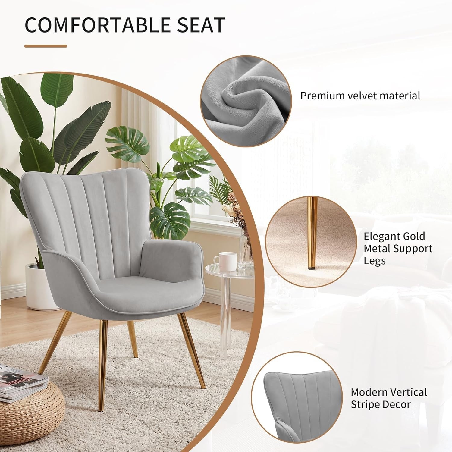 Wing Back Accent Armchair with Ottoman Modern Lounge Chair Grey