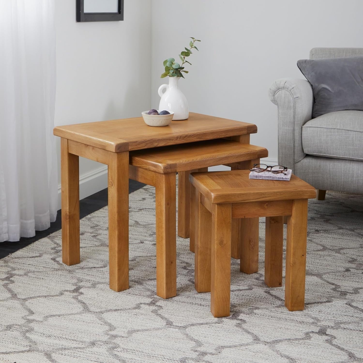 Oak Nest of 3 Side Tables Set Solid Wood Waxed Finish Rectangular Living Room