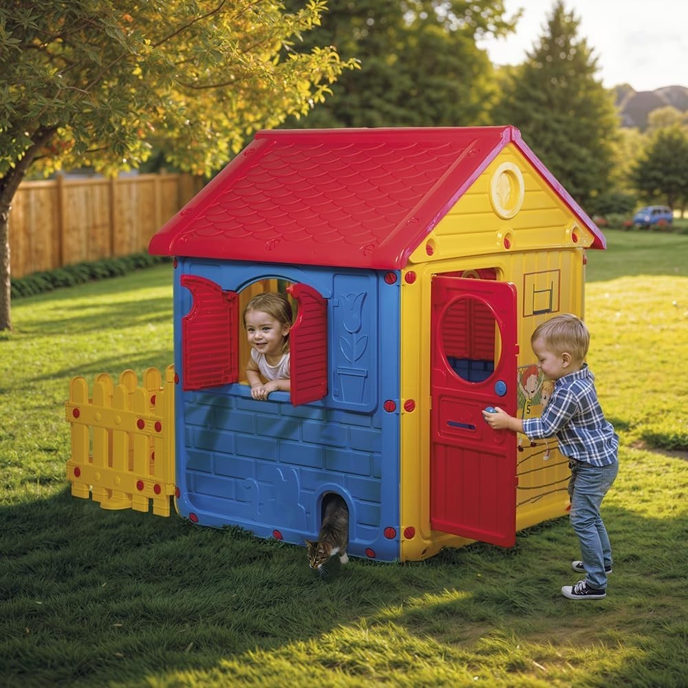 Kids Outdoor Playhouse with Fence Indoor Garden Plastic House