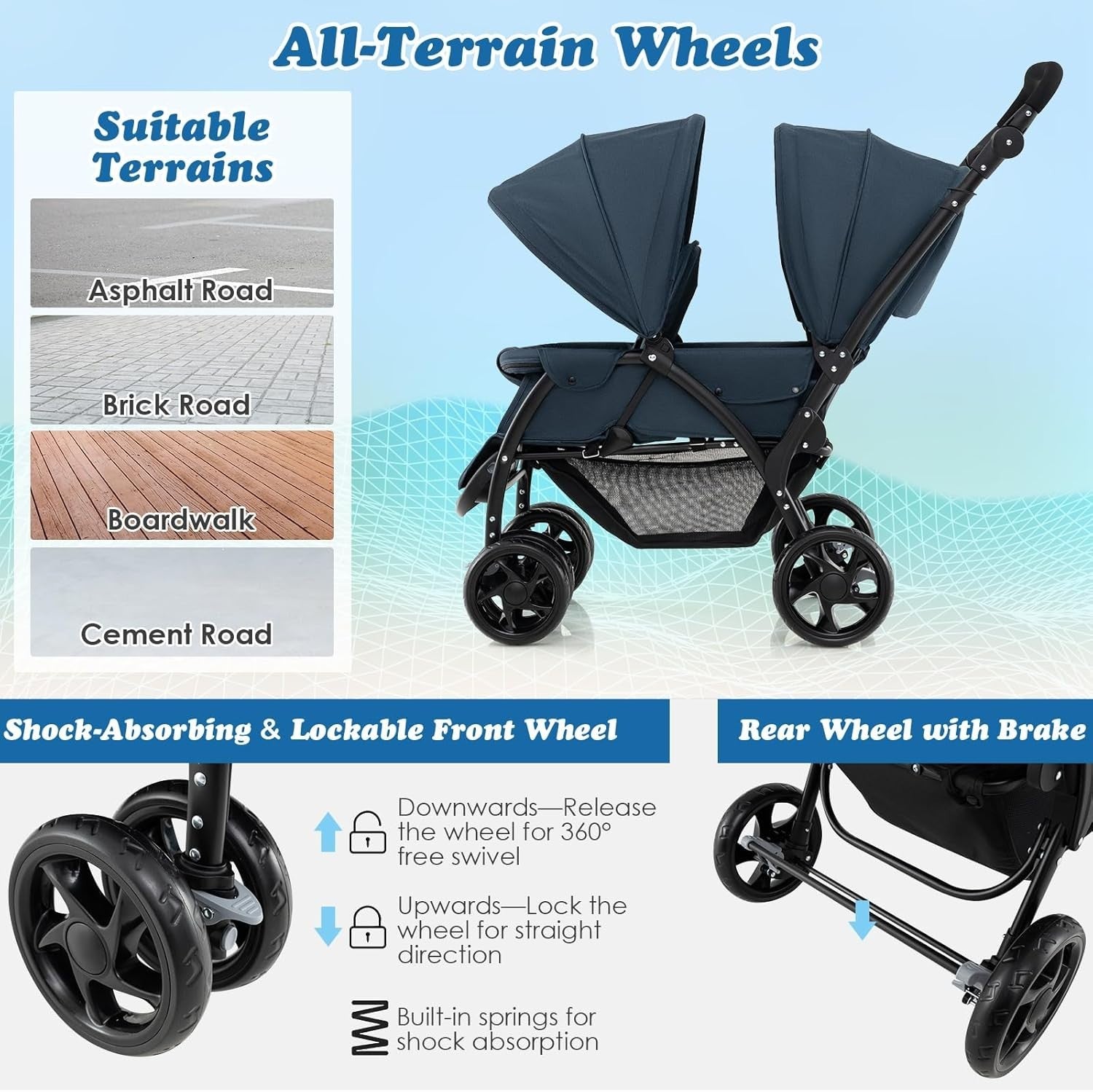 Twin Tandem Baby Stroller Navy Foldable Double Seat 5-Point Harness Sunshade