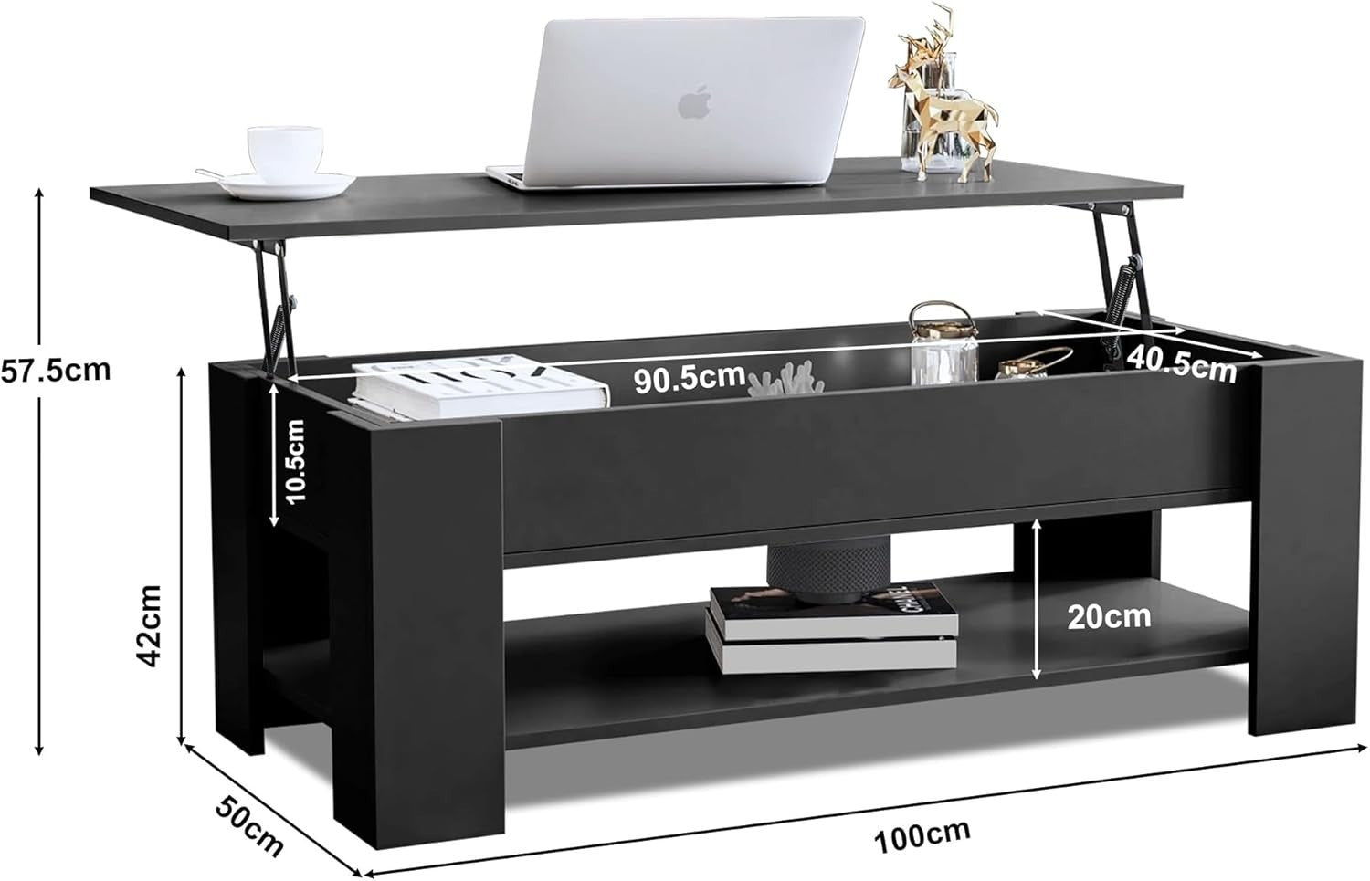Lift Up Coffee Table with Storage, Black 100x50cm Adjustable Height