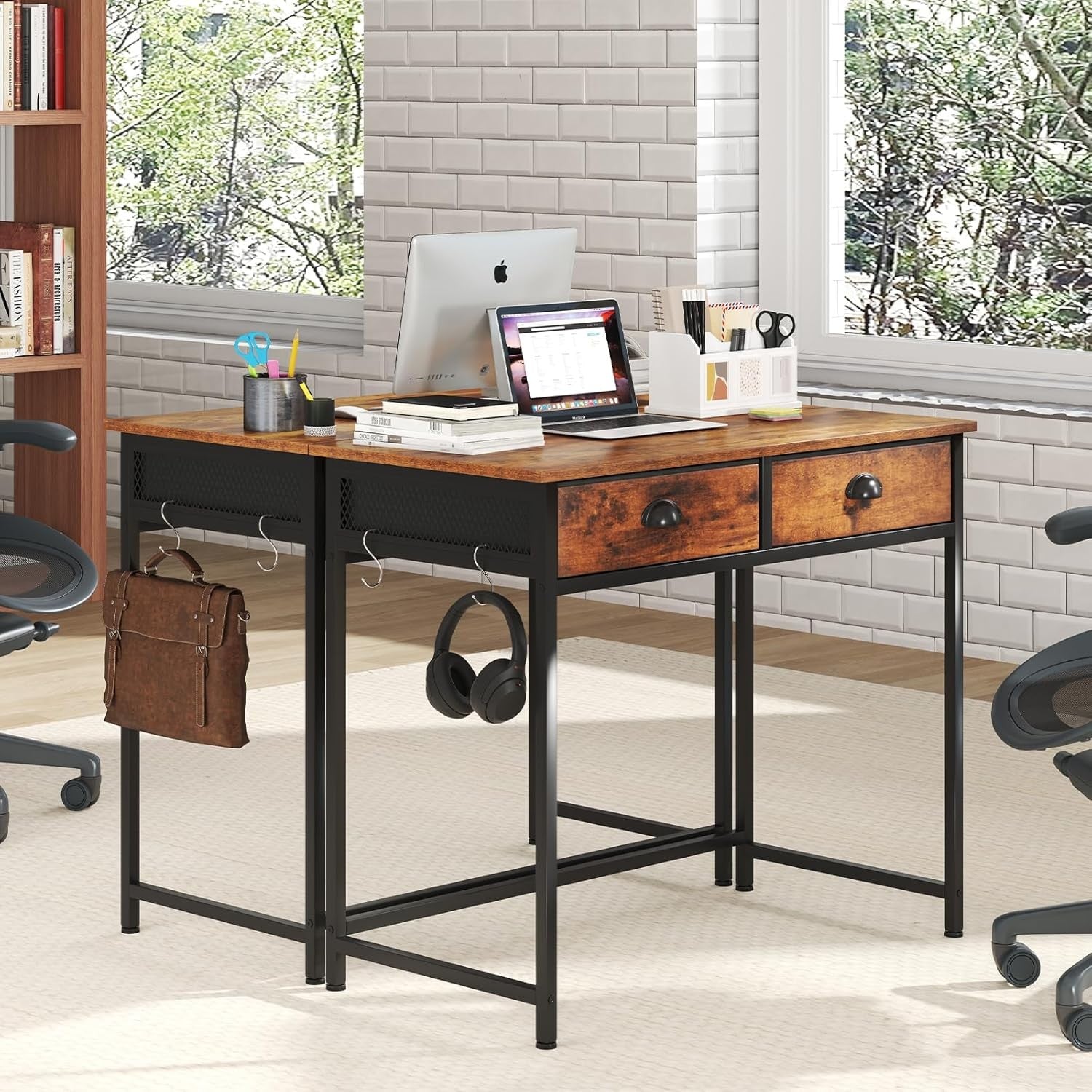 Computer Desk with Drawers Rustic Brown Black Home Office Study Table