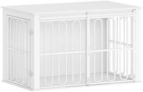 HEXCELEN Wooden Dog Crate White – Small/Medium Indoor Pet Cage & Side Table