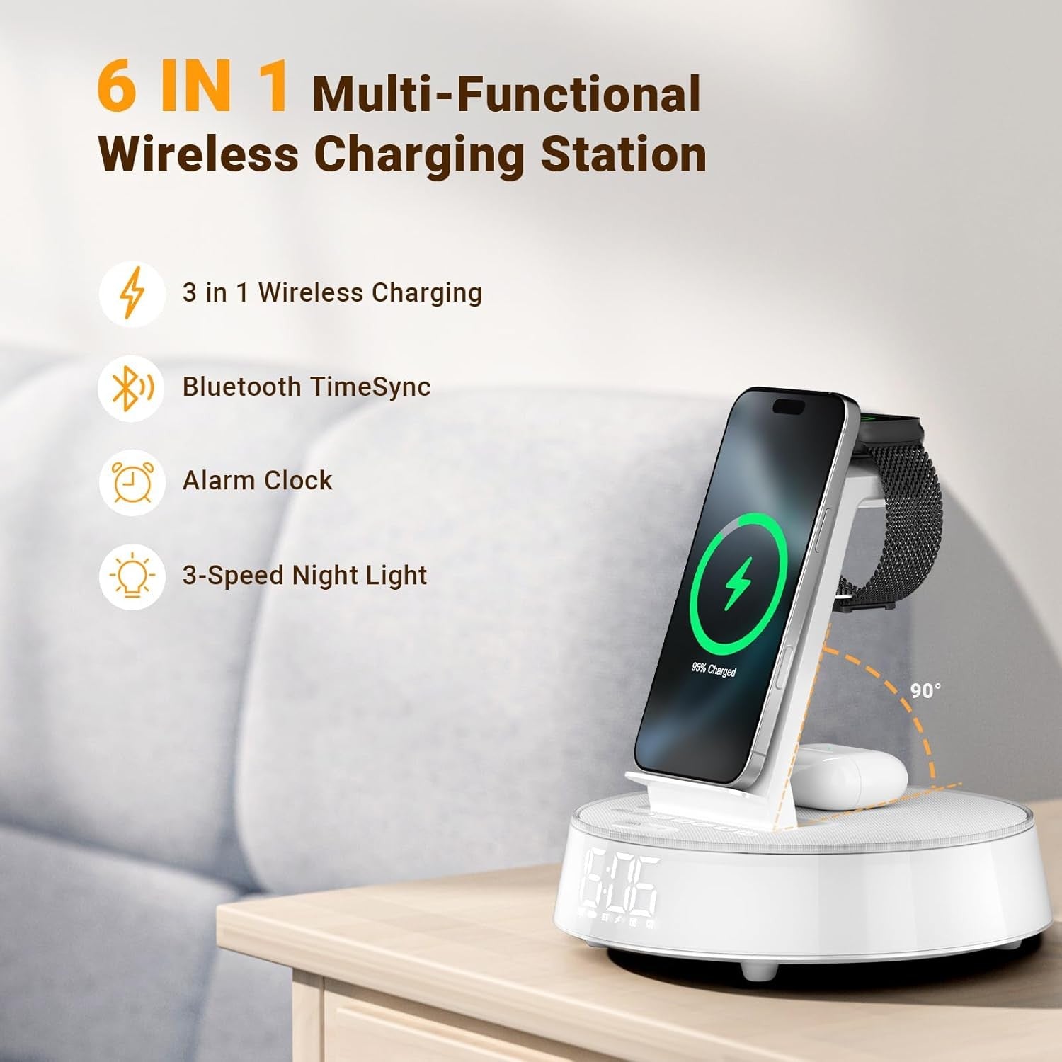 Wireless Charging Alarm Clock Bluetooth Speaker Night Light Fast Charger