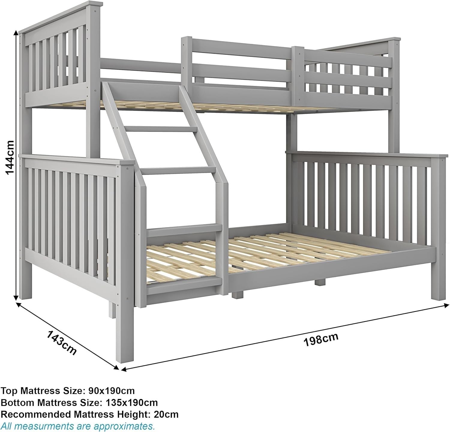 Triple Bunk Bed With 2x Mattress, Wooden Frame 4ft6 & 3ft Kids Sleeper