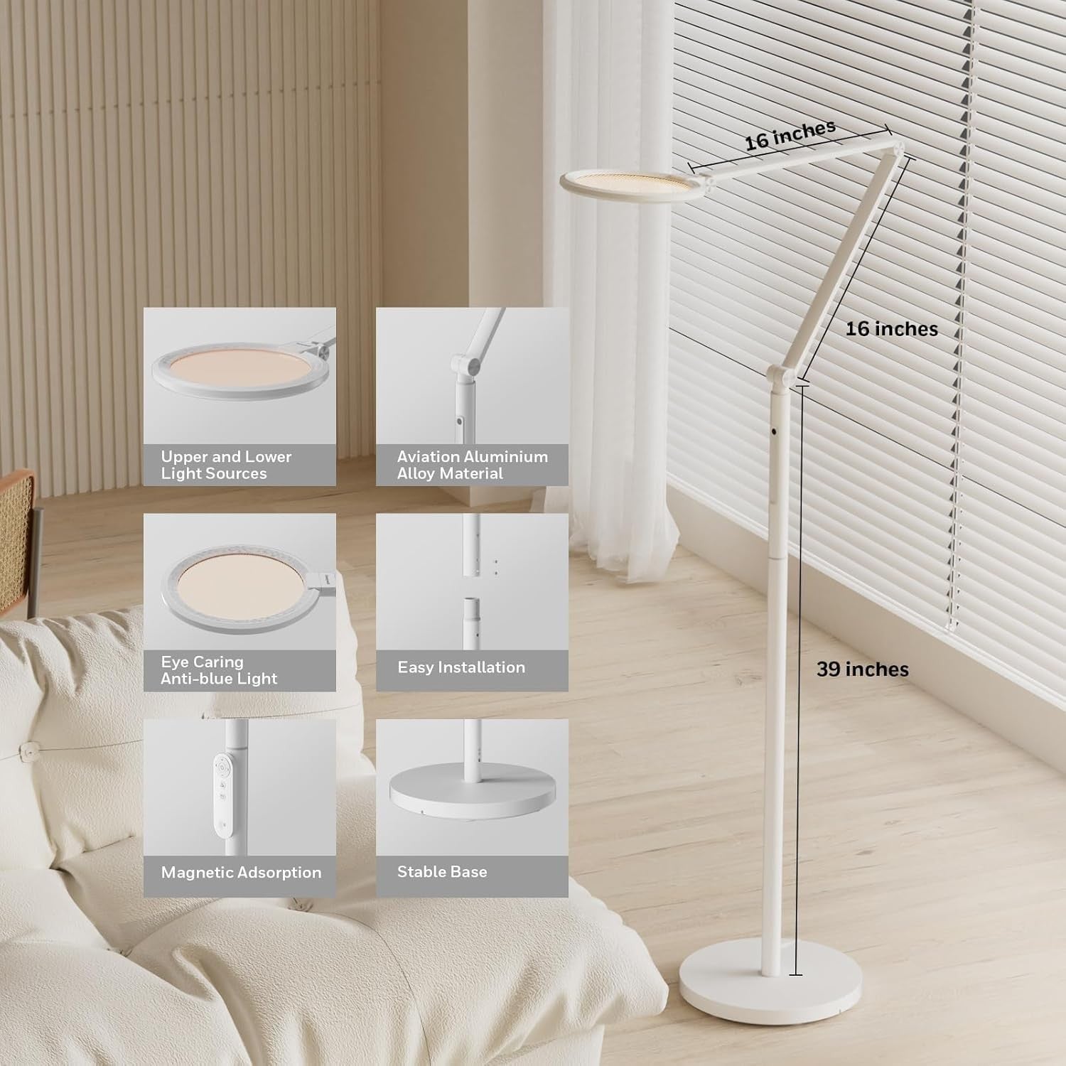 LED Floor Lamp Eye Caring Dimmable Remote Adjustable Brightness Office Light