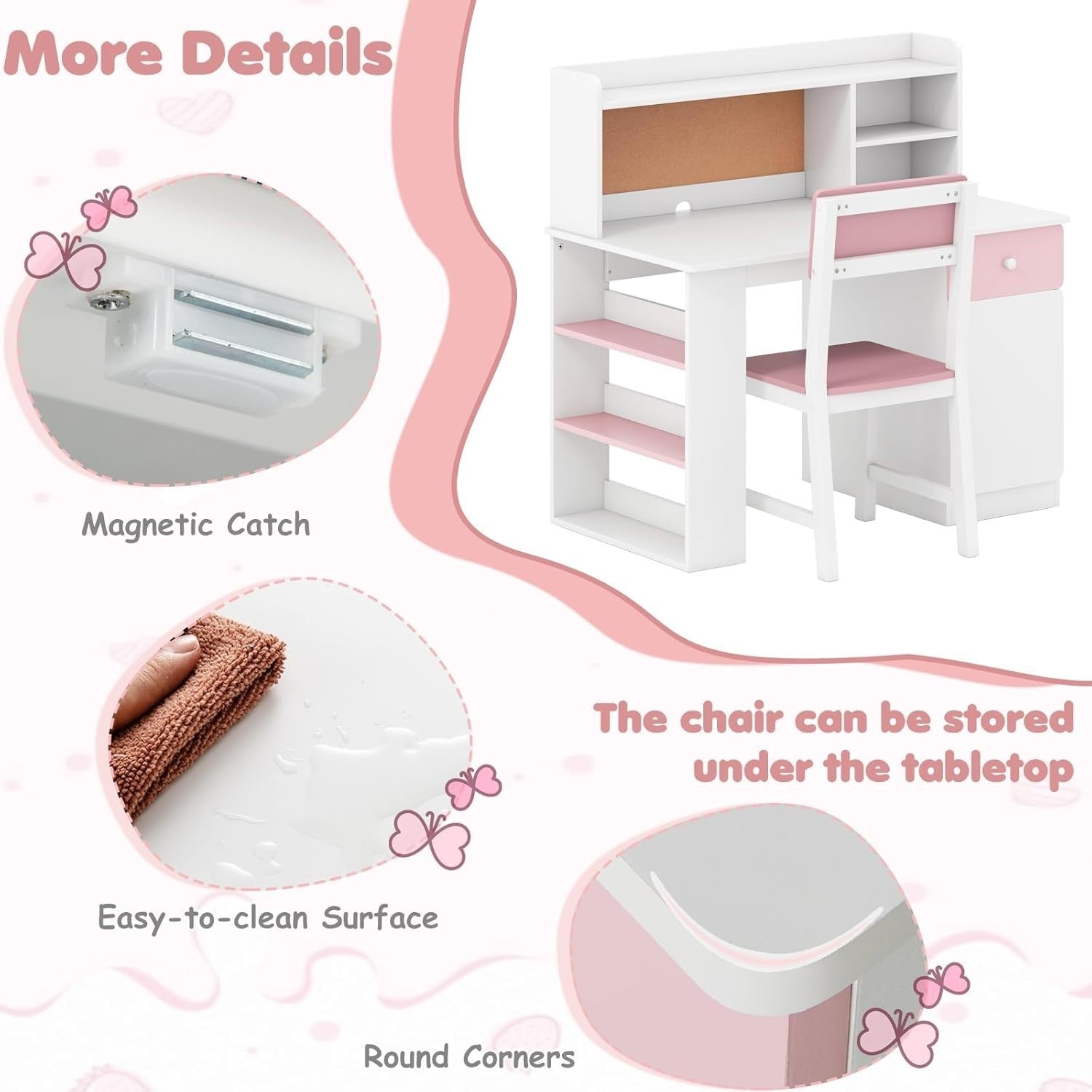 Kids Study Desk and Chair Set Wooden Writing Table Storage Shelves Drawer Pink