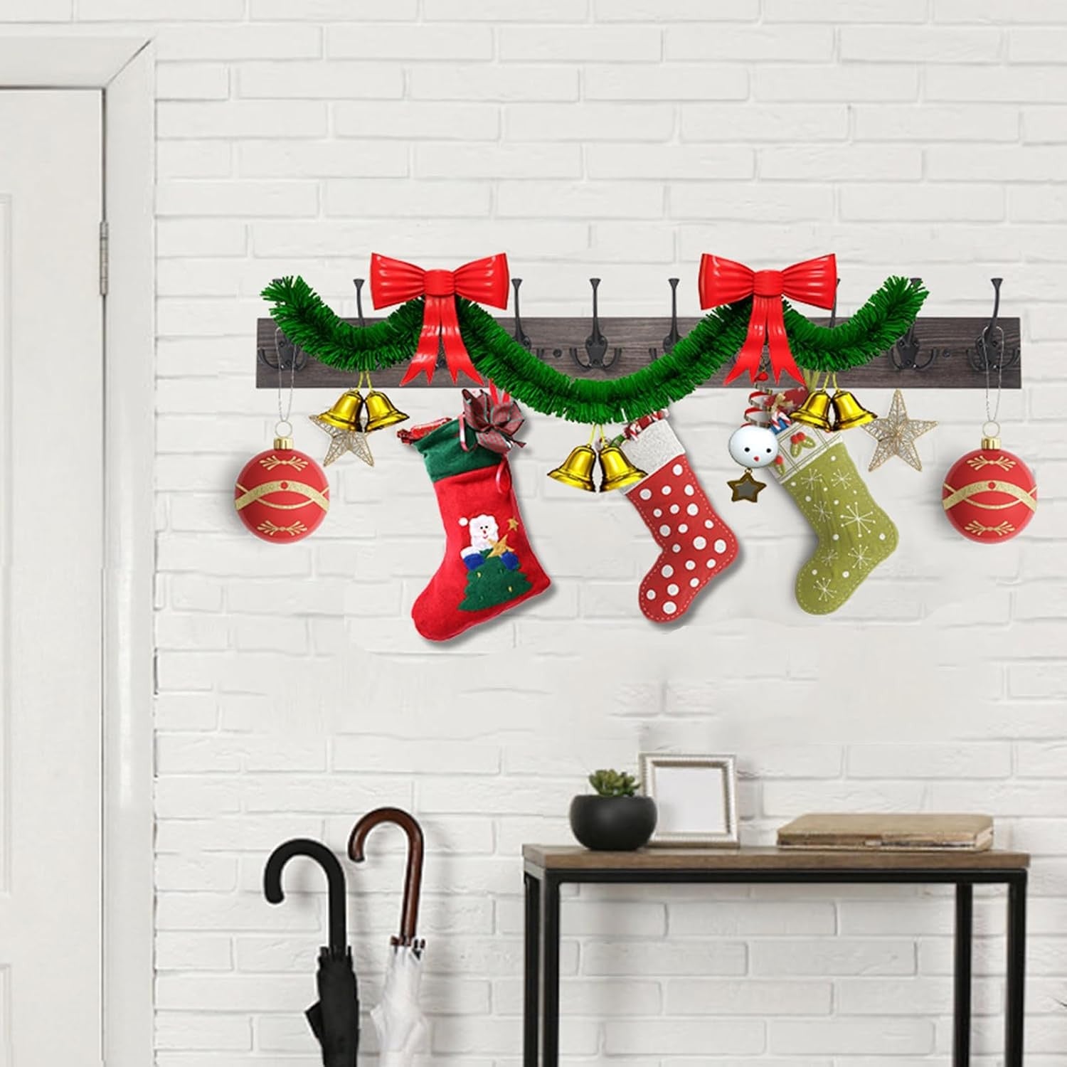 Rustic Wall Mounted Coat Rack 10 Hooks 34” Wood Hanging Rail Organizer