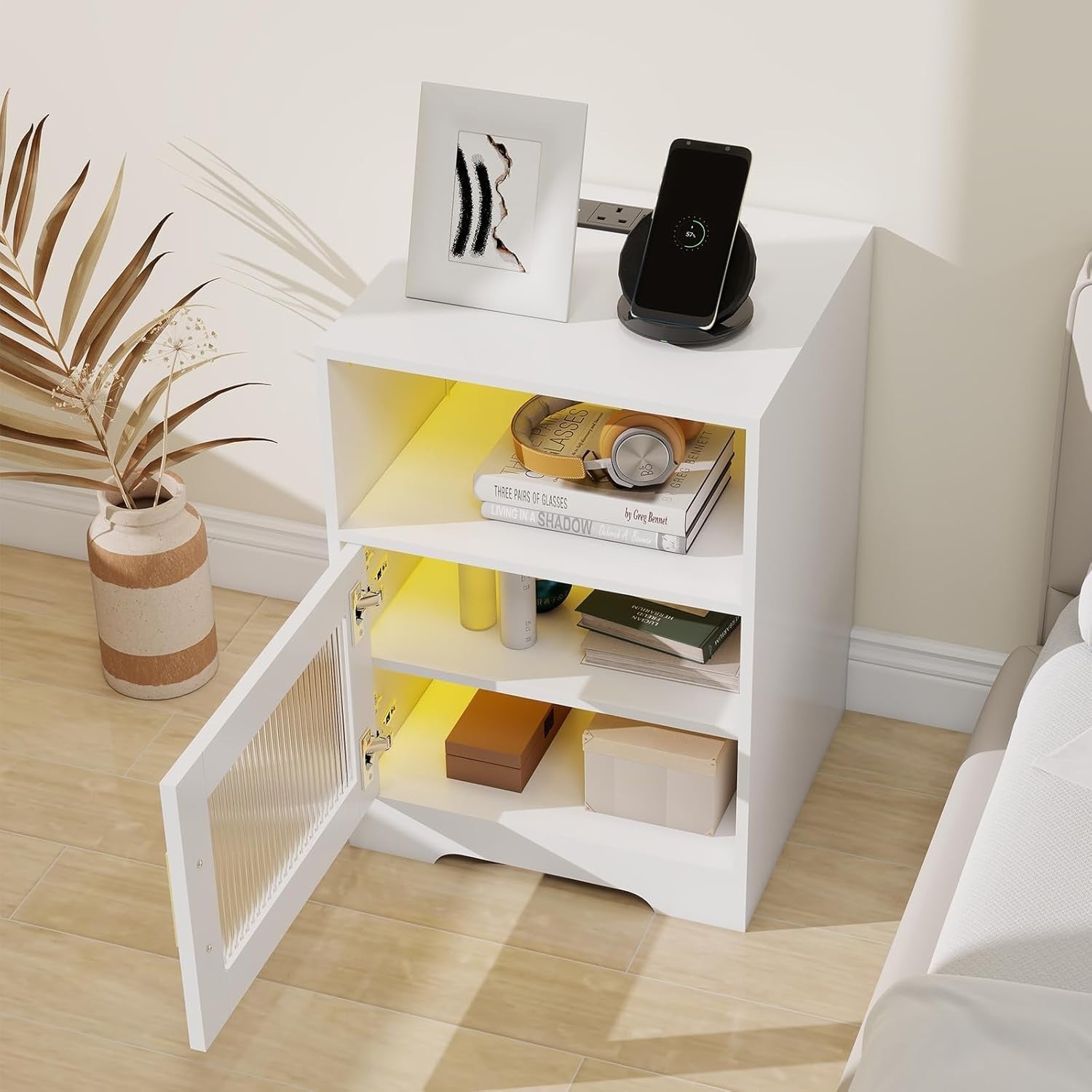 Set of 2 LED Bedside Tables with USB Ports & Charging Station | White