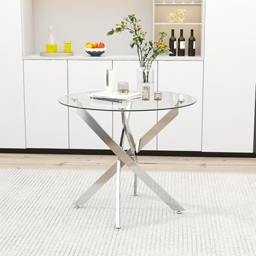 Round Glass Dining Table 80cm Silver Metal Legs Modern Kitchen Table