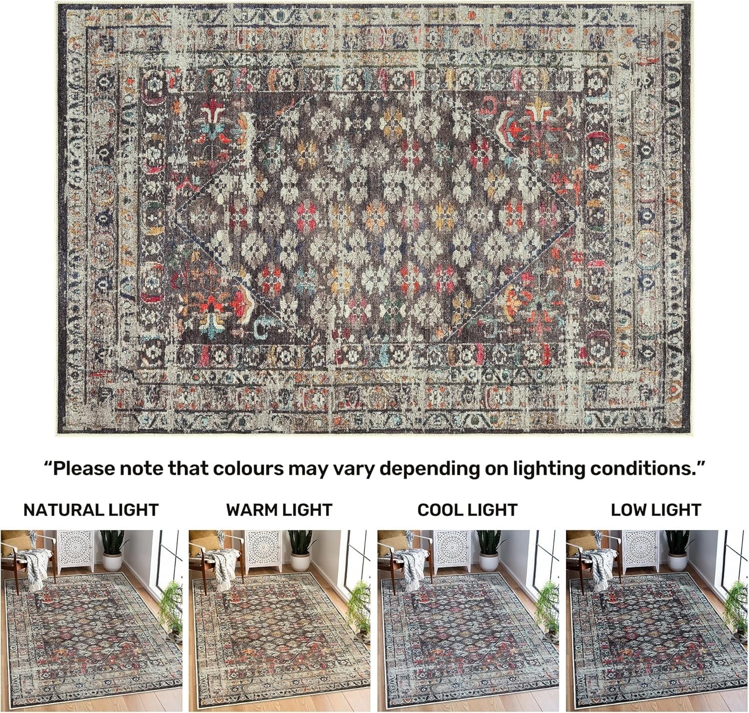 Washable Runner Rug 60x240cm Non-Slip Short Pile Opal Charcoal Hallway Kitchen