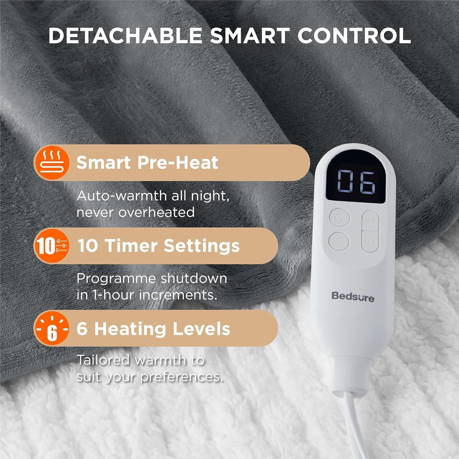 Electric Heated Throw Blanket Soft Flannel 6 Heat Settings Timer 130x160cm