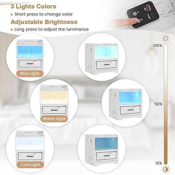 LED Smart Bedside Table with Wireless Charging, Drawer & Shelf, Modern White