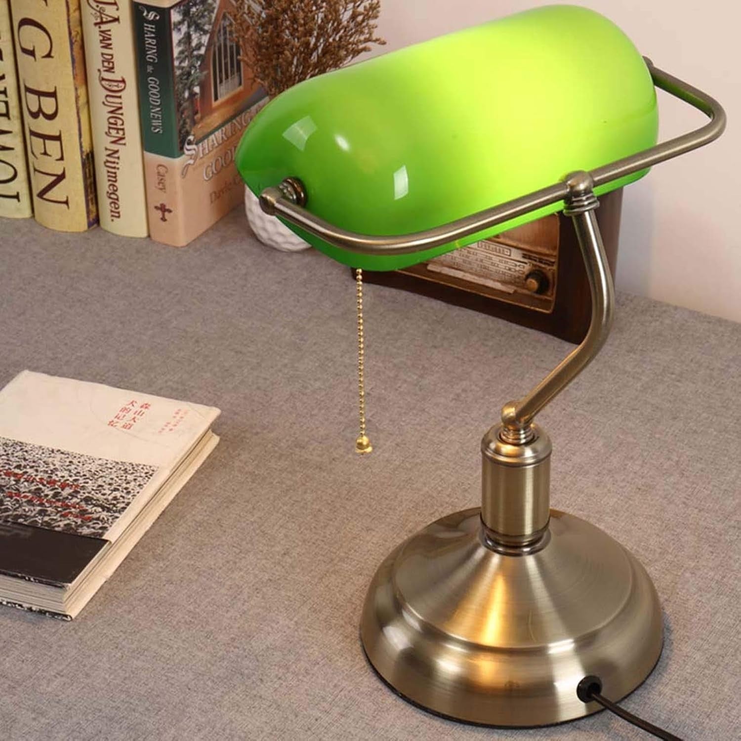 Green Glass Bankers Desk Lamp Brass Base Retro Style Adjustable Pull Chain