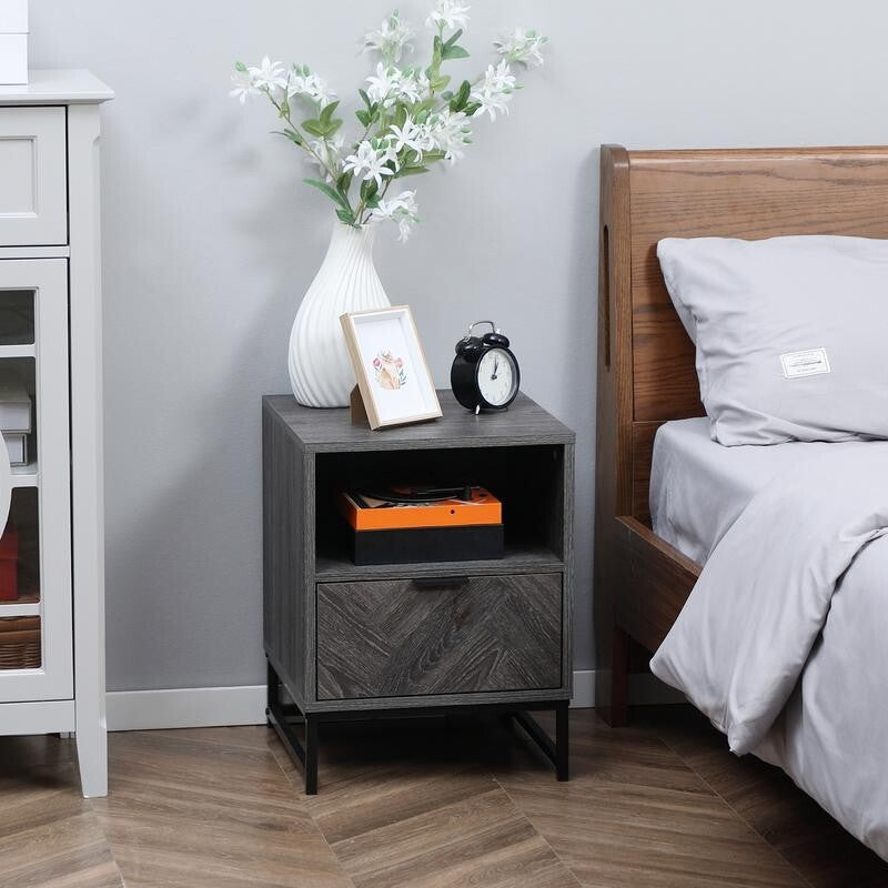Grey Bedside Table with Drawer & Shelf, Metal Frame, 52cm Tall
