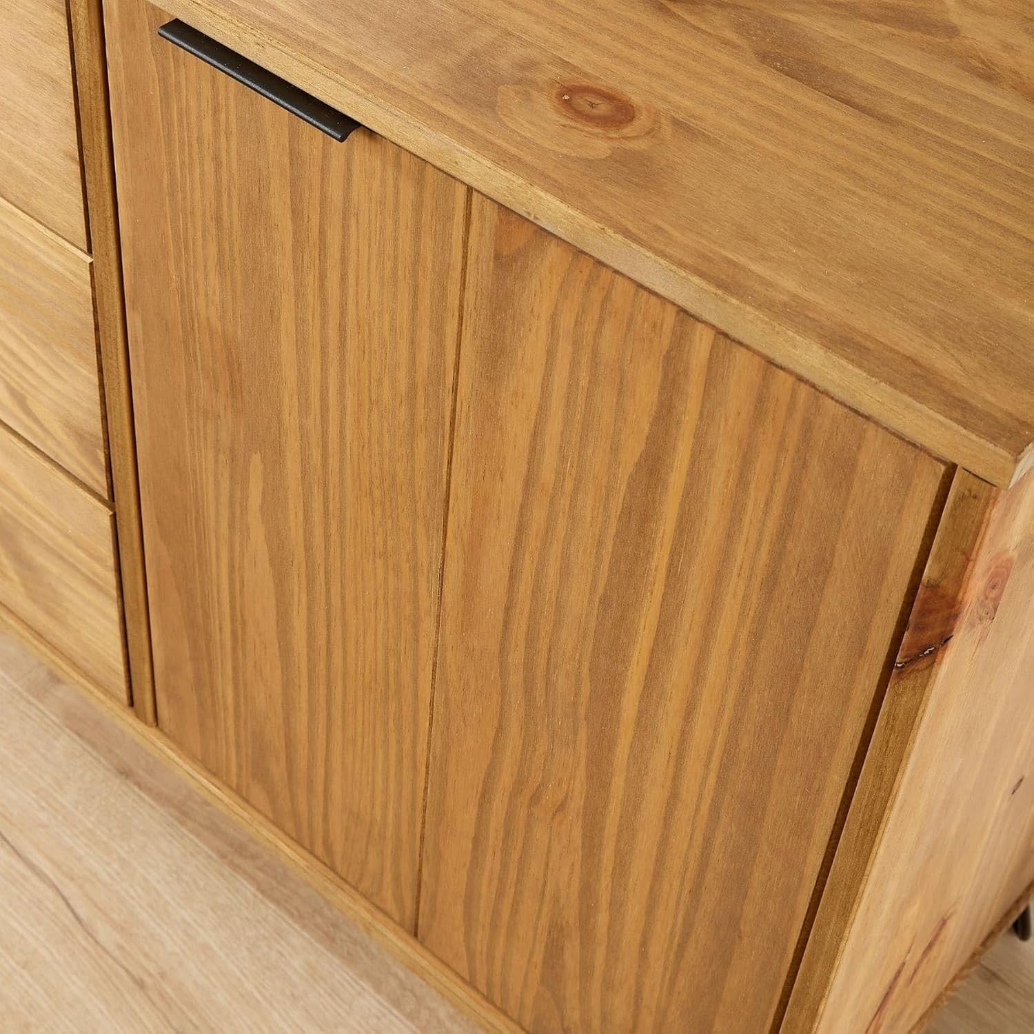 Industrial Sideboard Cabinet Pine 3 Drawers 2 Doors Metal Legs Storage
